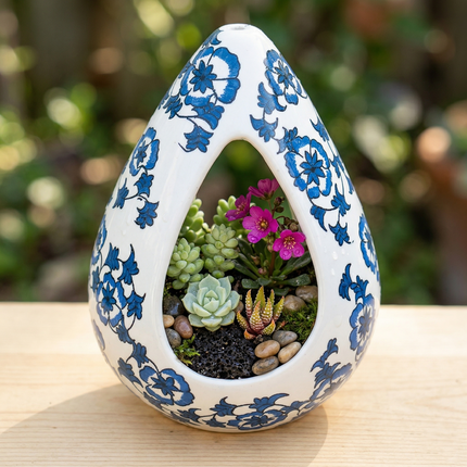 Persian Blue Bloom Motif Tear-Drop Shaped Ceramic Planter - Handcrafted Hanging Vase