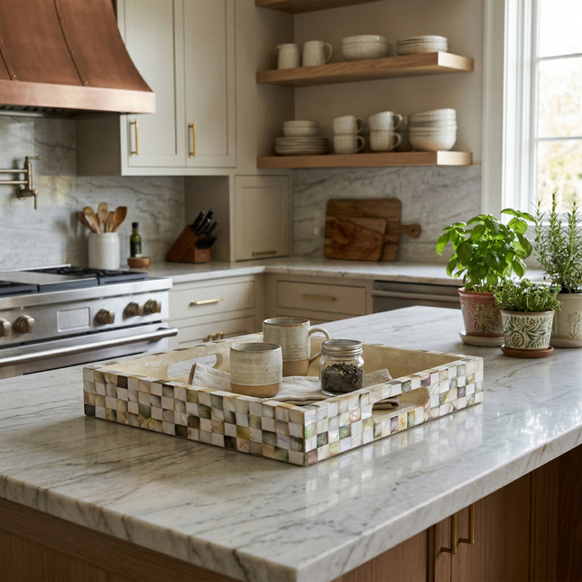 Mother of Pearl Checkered Square Tray – With Side Handles