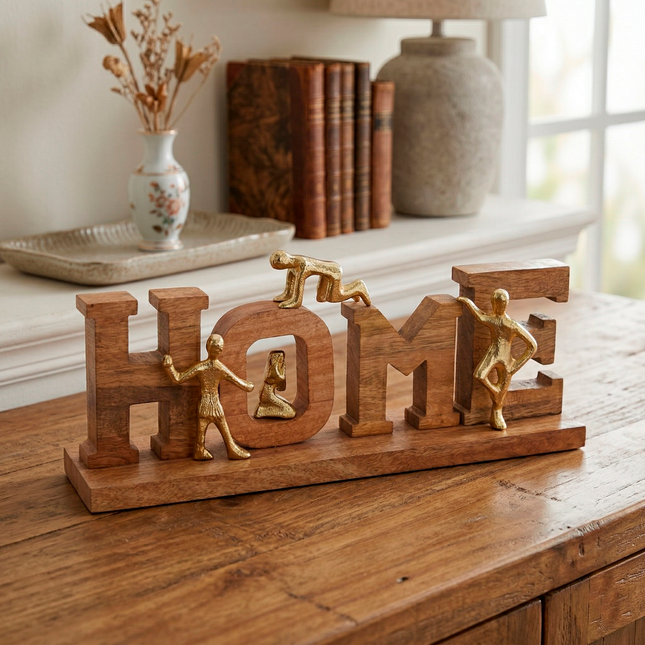 TPIF Wooden Home Decorative Showpiece with Gold Figurines – Handmade Tabletop Ornament, Modern Home & Office Décor, Ideal Gift for Housewarming & Anniversary