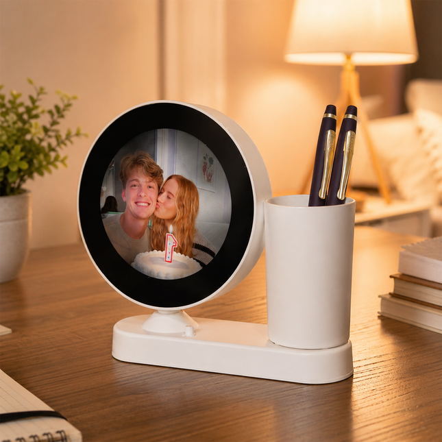 Rotating Round Photo Frame with Pen Stand – Dual Utility Desk Organizer