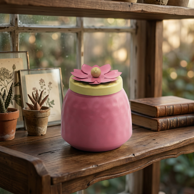 Elegant Pink Copper Jar with Floral Lid – Decorative Storage Container
