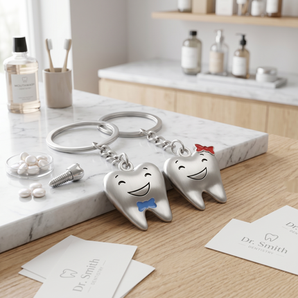 Smiling Tooth Couple Metal Keychain Set | Matching Cute Dental Keyrings for Couples