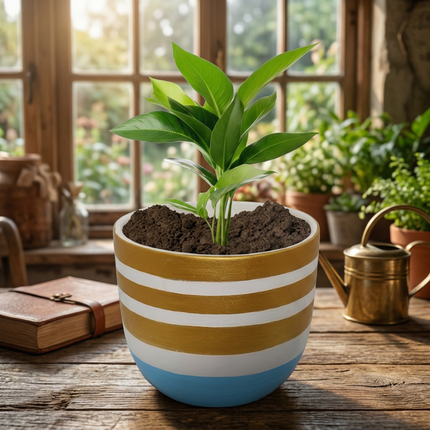 Designer Handcrafted Ceramic Pot with Gold Stripes and Sky Blue Base
