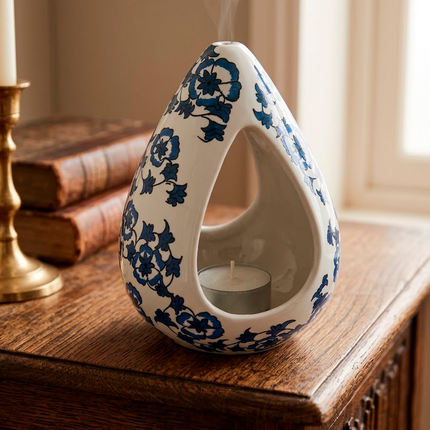 Persian Blue Bloom Motif Tear-Drop Shaped Ceramic Planter - Handcrafted Hanging Vase