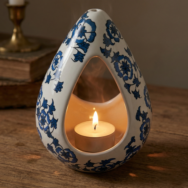 Persian Blue Bloom Motif Tear-Drop Shaped Ceramic Planter - Handcrafted Hanging Vase