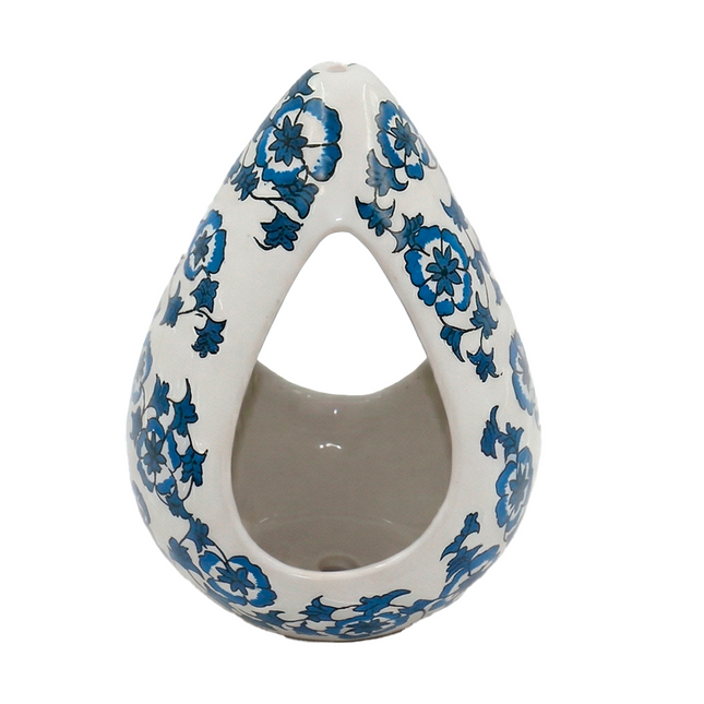 Persian Blue Bloom Motif Tear-Drop Shaped Ceramic Planter - Handcrafted Hanging Vase