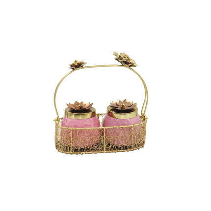 Pink Copper Jar Set with Lotus Lid in Golden Metal Basket – Elegant Gift & Storage Set
