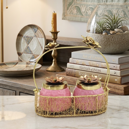 Pink Copper Jar Set with Lotus Lid in Golden Metal Basket – Elegant Gift & Storage Set