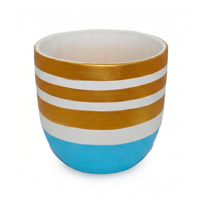 Designer Handcrafted Ceramic Pot with Gold Stripes and Sky Blue Base