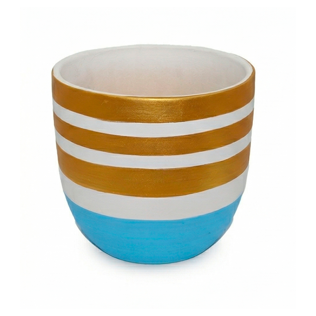 Designer Handcrafted Ceramic Pot with Gold Stripes and Sky Blue Base