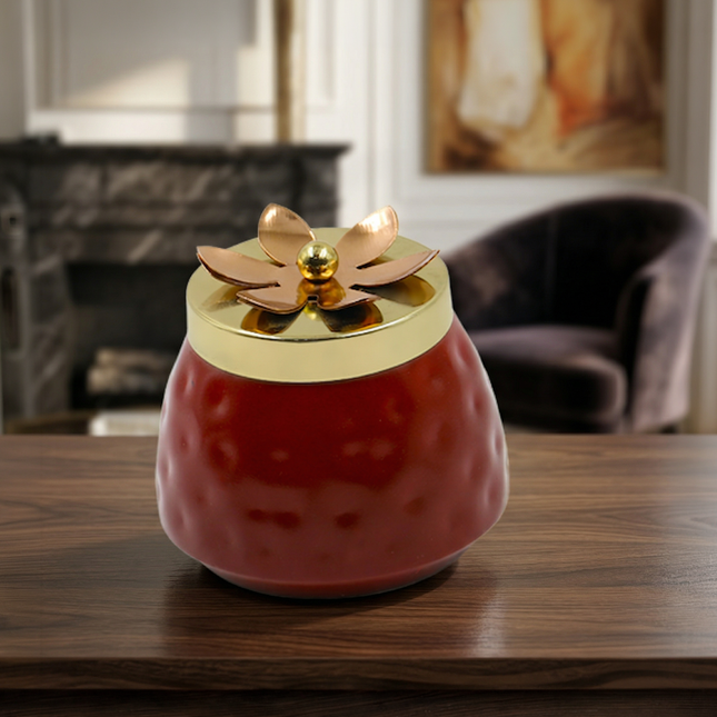 Rich Red Copper Jar with Floral Lid – Decorative Storage Container