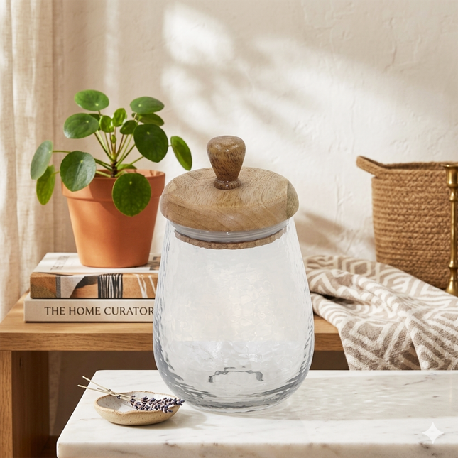 Rustic Hammered Glass Storage Jar with Wooden Lid