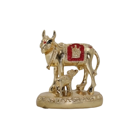 Sacred Kamdhenu & Calf Figurine - Gold Finish with Red Accents