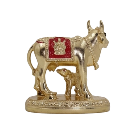 Sacred Kamdhenu & Calf Figurine - Gold Finish with Red Accents