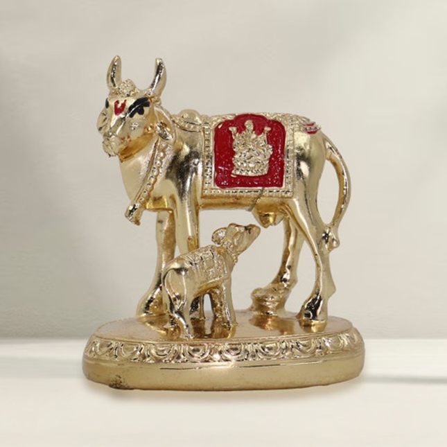 Sacred Kamdhenu & Calf Figurine - Gold Finish with Red Accents