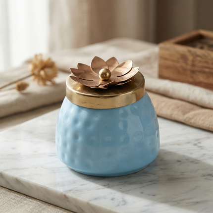 Serene Blue & Gold Finish Copper Jar with Floral Lid – Decorative Storage Container