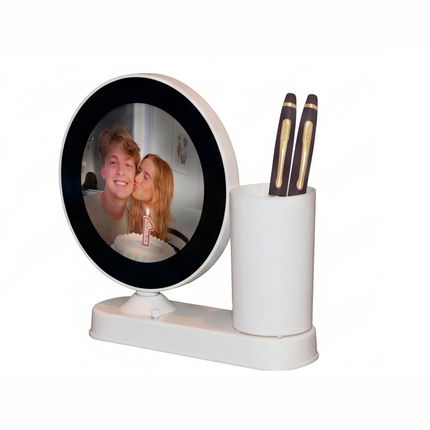Rotating Round Photo Frame with Pen Stand – Dual Utility Desk Organizer