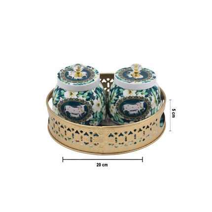 Kamdhenu Jar Set of 2 with Tray – Sky Blue Ceramic Decor_e