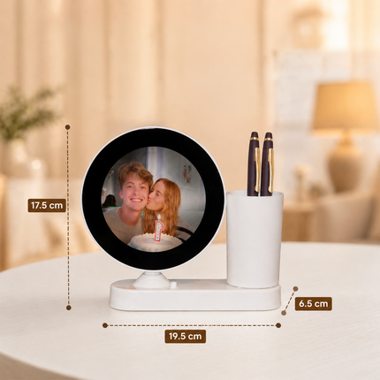 Rotating Round Photo Frame with Pen Stand – Dual Utility Desk Organizer