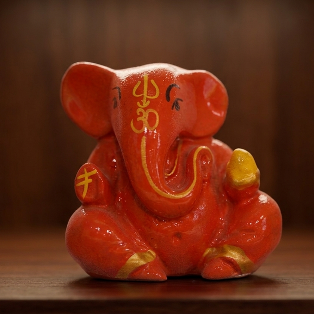 Small Orange Ganesha Statue – Mini Lord Ganesha Idol | Vighnaharta Ganpati Figurine for Home & Office