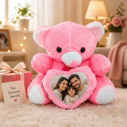 Soft Pink Teddy with Custom Heart Photo Frame