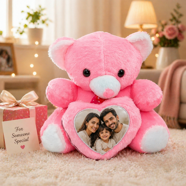 Soft Pink Teddy with Custom Heart Photo Frame