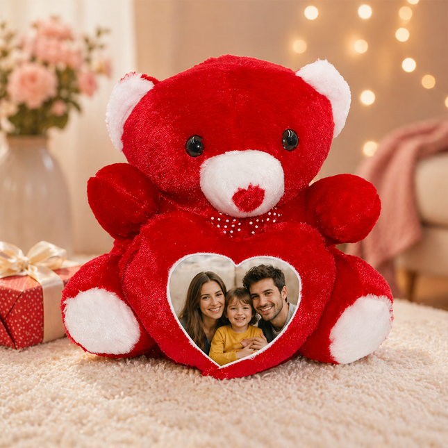 Soft Red Teddy with Custom Heart Photo Frame
