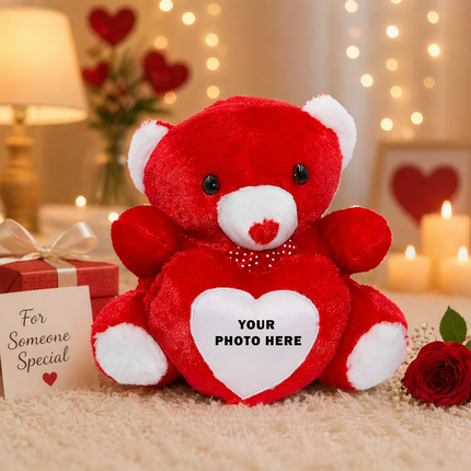 Soft Red Teddy with Custom Heart Photo Frame