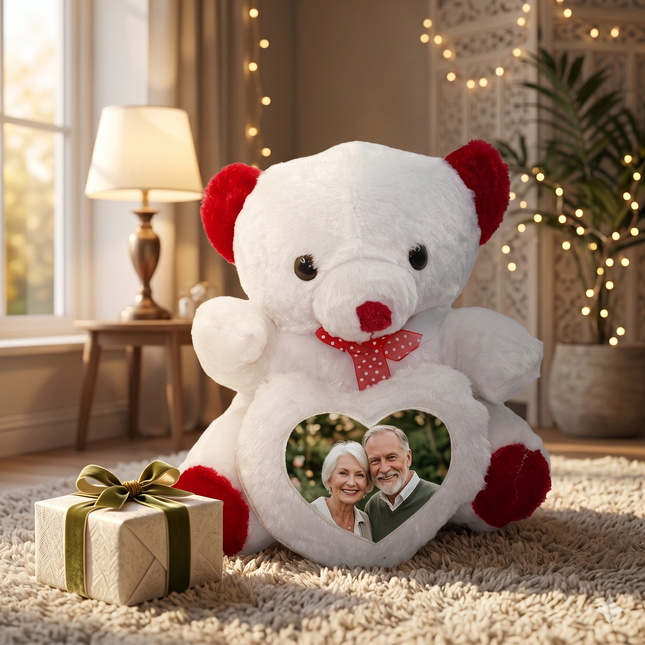Soft White Teddy Bear with Red Accents with Heart Window for Personalized Photo