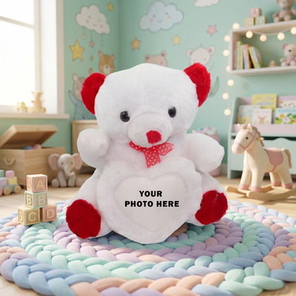 Soft White Teddy Bear with Red Accents with Heart Window for Personalized Photo