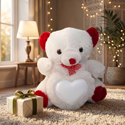 Soft White Teddy Bear with Red Accents with Heart Window for Personalized Photo