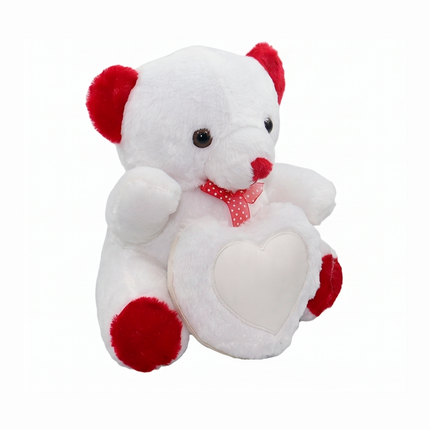 Soft White Teddy Bear with Red Accents with Heart Window for Personalized Photo