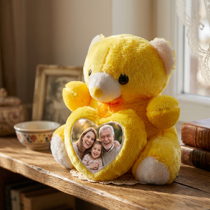 Soft Yellow Teddy Bear with Red Accents with Heart Window for Personalized Photo