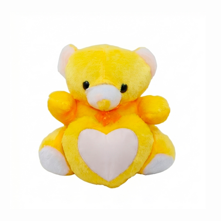 Soft Yellow Teddy Bear with Red Accents with Heart Window for Personalized Photo