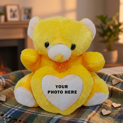 Soft Yellow Teddy Bear with Red Accents with Heart Window for Personalized Photo