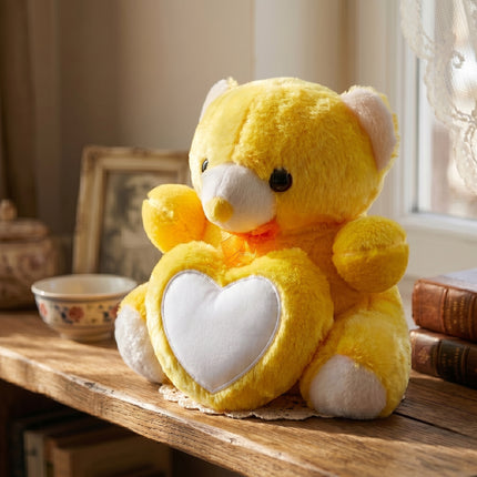 Soft Yellow Teddy Bear with Red Accents with Heart Window for Personalized Photo