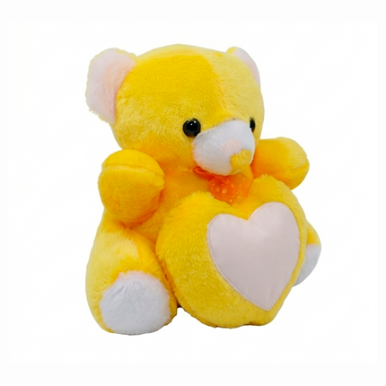 Soft Yellow Teddy Bear with Red Accents with Heart Window for Personalized Photo