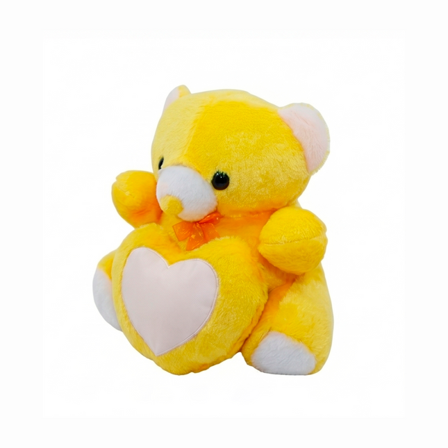 Soft Yellow Teddy Bear with Red Accents with Heart Window for Personalized Photo