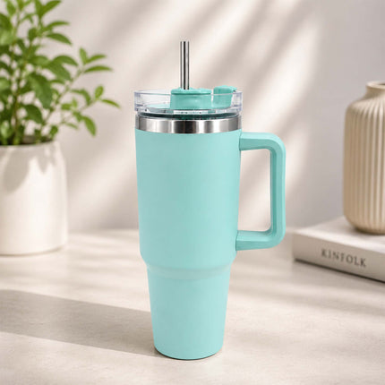 Mint Green Tumbler with Handle & Straw – Insulated Travel Mug, Spill-Resistant Lid, Large Capacity Stainless Steel Tumbler