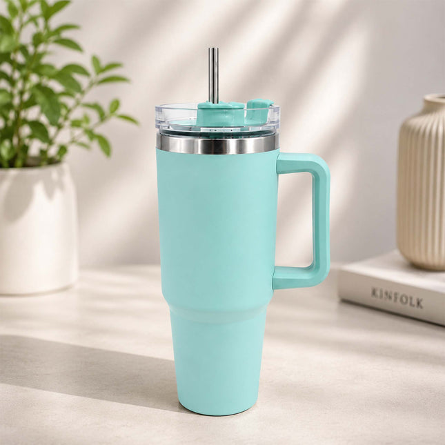 Mint Green Tumbler with Handle & Straw – Insulated Travel Mug, Spill-Resistant Lid, Large Capacity Stainless Steel Tumbler