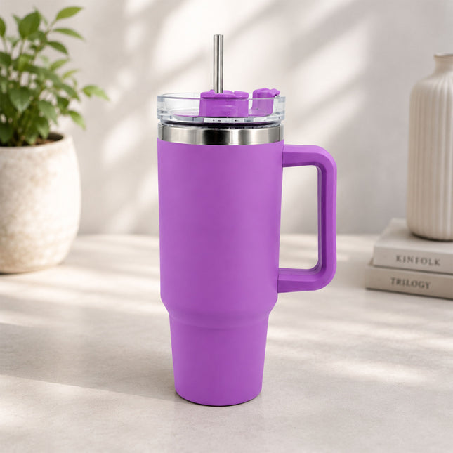 Purple Tumbler with Handle & Straw – Insulated Travel Mug, Spill-Resistant Lid, Large Capacity Stainless Steel Tumbler