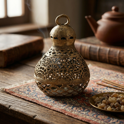 Handcrafted Tribal Metal Lampshade with Intricate Cutwork – Vintage Gold Hanging Lantern