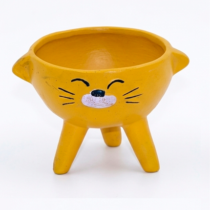 Tripod Cute Cat Face Handcrafted Yellow Mini Planter