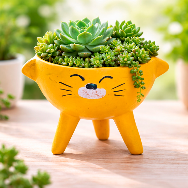 Tripod Cute Cat Face Handcrafted Yellow Mini Planter