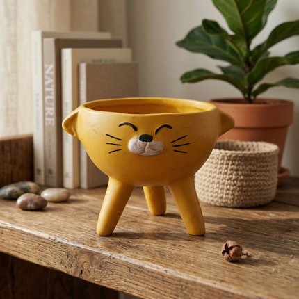 Tripod Cute Cat Face Handcrafted Yellow Mini Planter