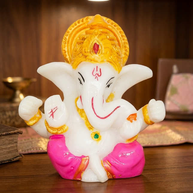 White & Pink Mini Lord Ganesha Idol – 6 cm Decorative Ganpati Murti for Home, Car & Office