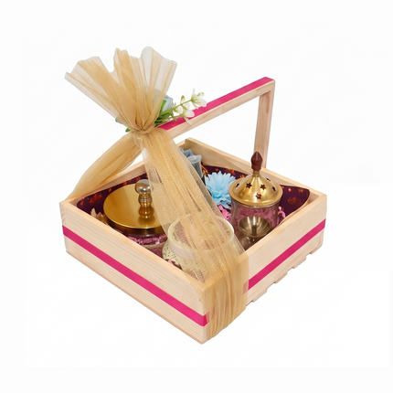 Wooden Tray Diwali Hamper with Glass Jar, Air Mist & Festive Décor