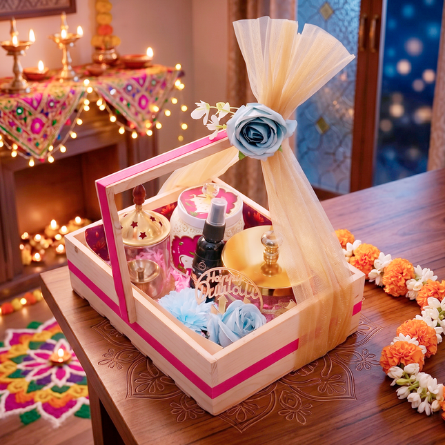 Wooden Tray Diwali Hamper with Glass Jar, Air Mist & Festive Décor