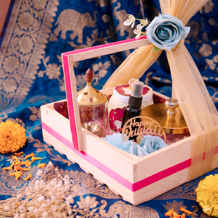 Wooden Tray Diwali Hamper with Glass Jar, Air Mist & Festive Décor