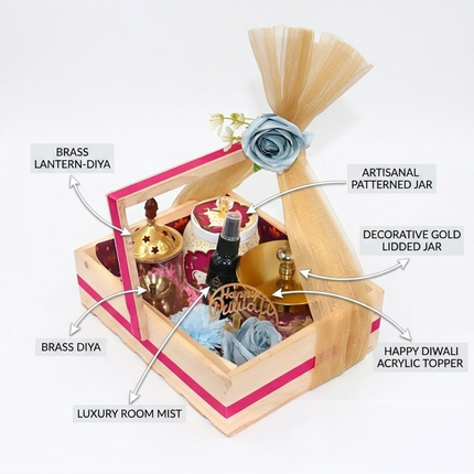 Wooden Tray Diwali Hamper with Glass Jar, Air Mist & Festive Décor